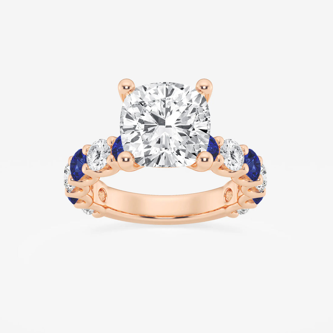 Cushion Lab Grown Diamond & Round Created Sapphire Side Stone Engagement Ring