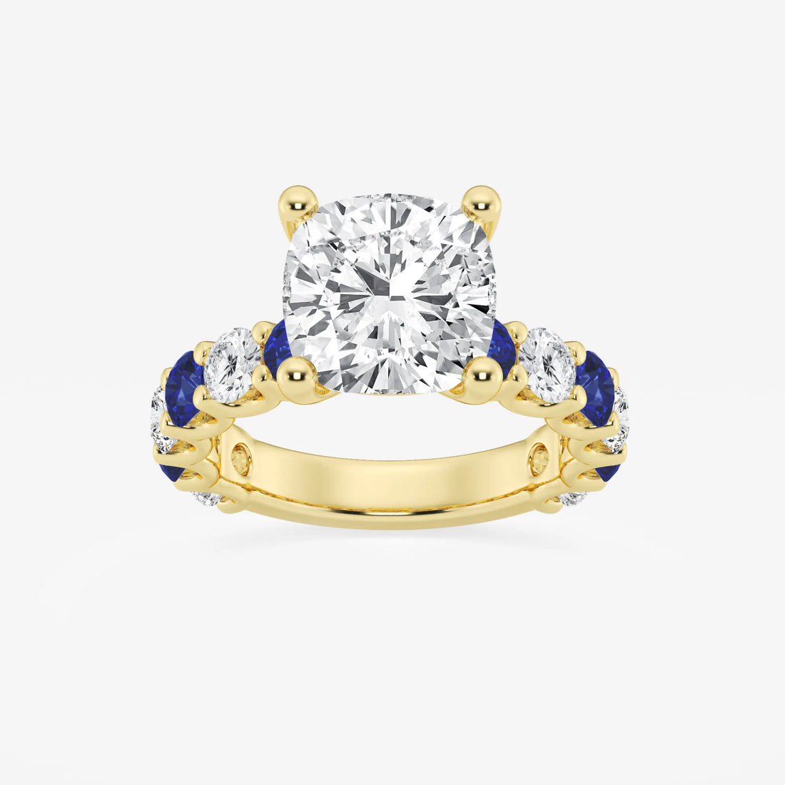 Cushion Lab Grown Diamond & Round Created Sapphire Side Stone Engagement Ring