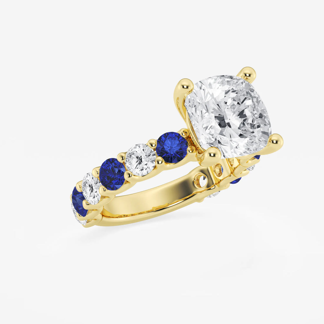 Cushion Lab Grown Diamond & Round Created Sapphire Side Stone Engagement Ring