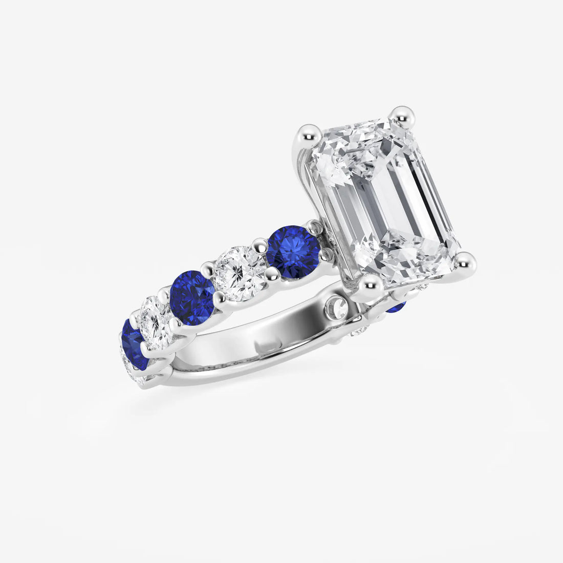 Emerald Cut Lab Diamond & Blue Sapphire Engagement Ring
