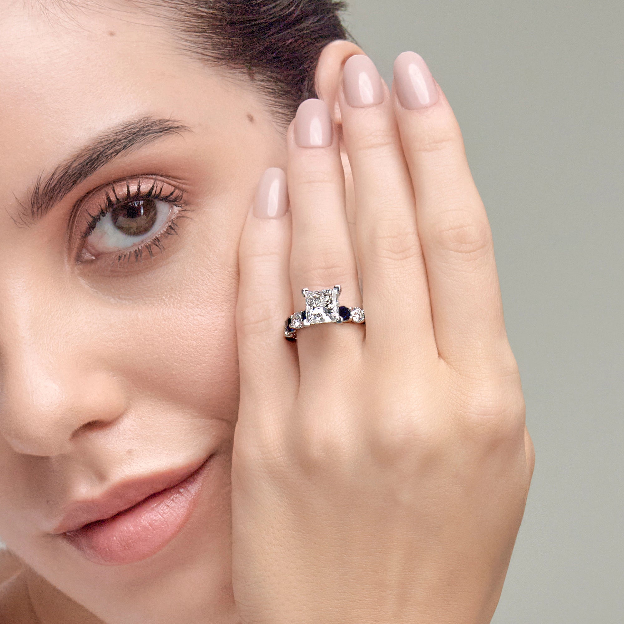 Princess Cut Lab-Grown Diamond & Blue Sapphire Three-Stone Engagement Ring