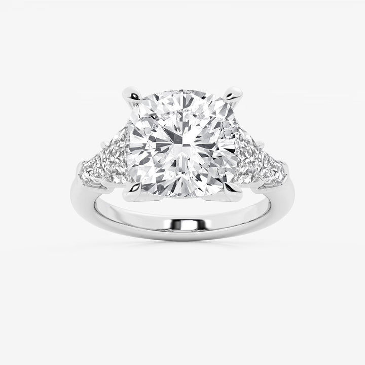 Three Stone Trillion Cut Engagement Ring in White Gold with Cushion Cut Center Stone