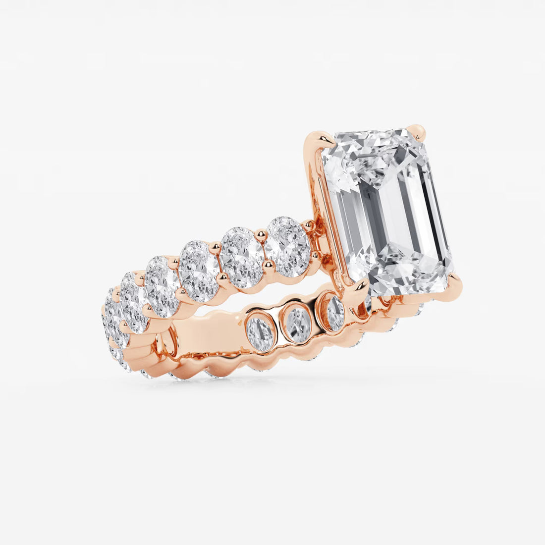 Emerald Cut Lab Diamond Bridal Set  Large Oval Side Stones & Oval Eternity Wedding Band