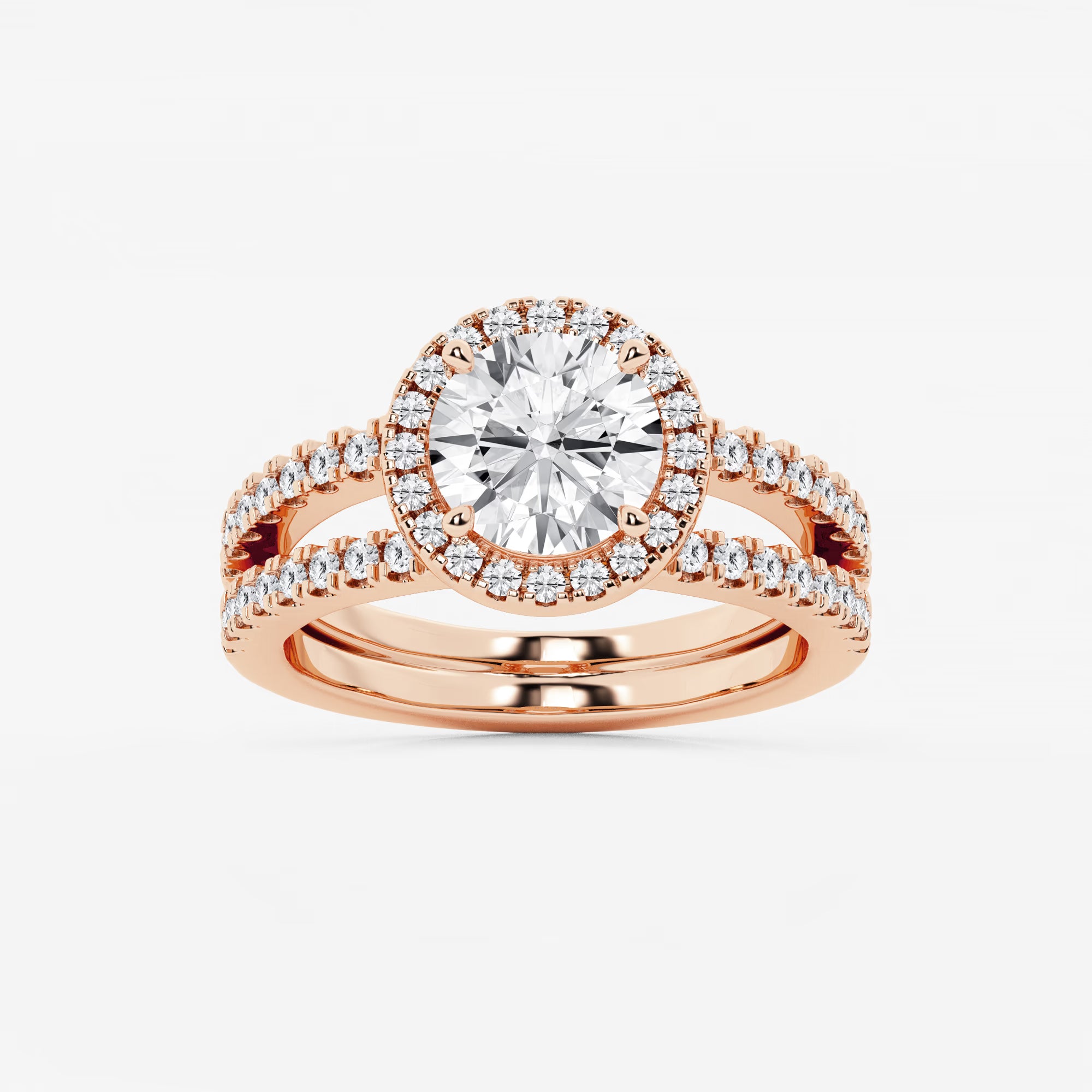 Round Cut Lab Grown Diamond Halo Bridal Set | Micro Pavé Halo Engagement Ring with Twisted Pavé Band & Plain Wedding Band
