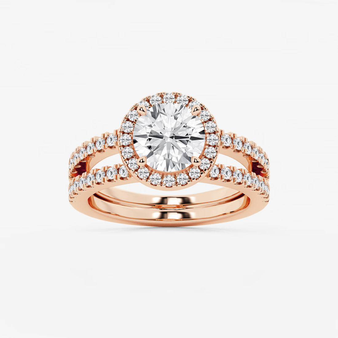 Round Cut Lab Grown Diamond Halo Bridal Set | Micro Pavé Halo Engagement Ring with Twisted Pavé Band & Plain Wedding Band