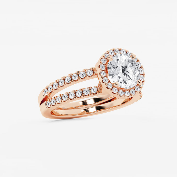 Round Cut Lab Grown Diamond Halo Bridal Set | Micro Pavé Halo Engagement Ring with Twisted Pavé Band & Plain Wedding Band