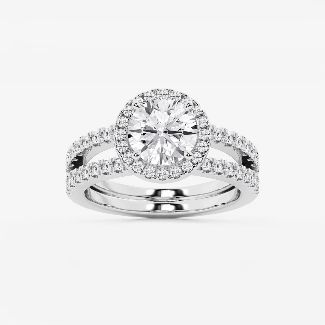 Round Cut Lab Grown Diamond Halo Bridal Set | Micro Pavé Halo Engagement Ring with Twisted Pavé Band & Plain Wedding Band