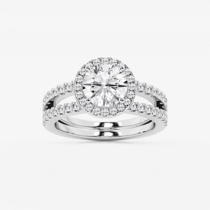Round Cut Lab Grown Diamond Halo Bridal Set | Micro Pavé Halo Engagement Ring with Twisted Pavé Band & Plain Wedding Band