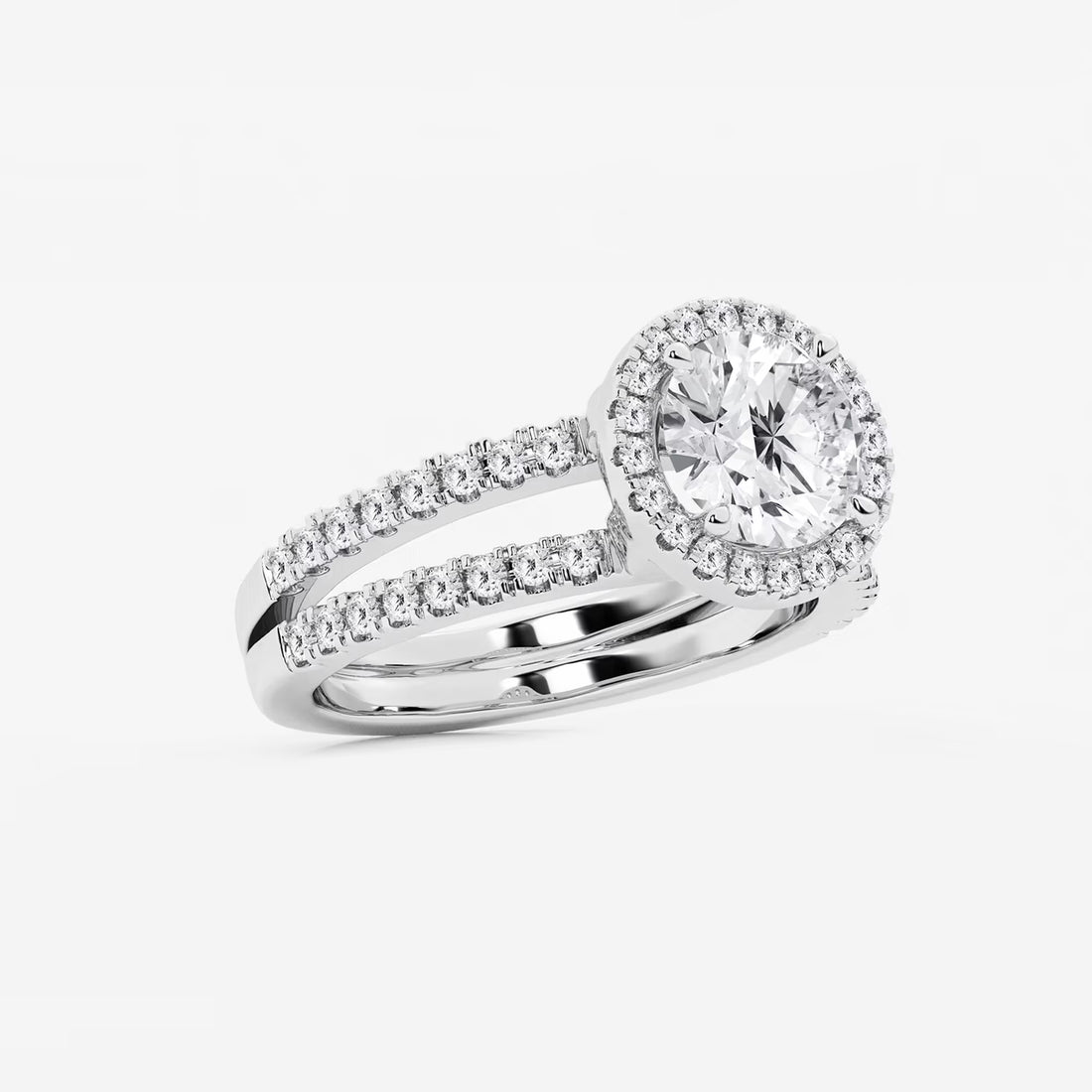 Round Cut Lab Grown Diamond Halo Bridal Set | Micro Pavé Halo Engagement Ring with Twisted Pavé Band & Plain Wedding Band
