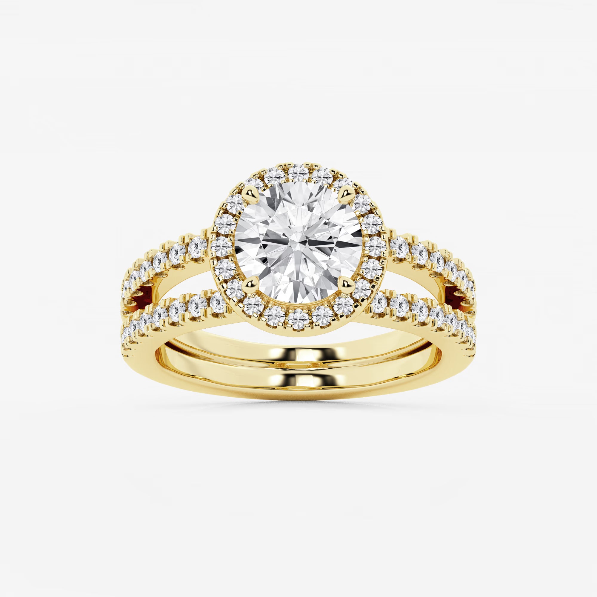 Round Cut Lab Grown Diamond Halo Bridal Set | Micro Pavé Halo Engagement Ring with Twisted Pavé Band & Plain Wedding Band