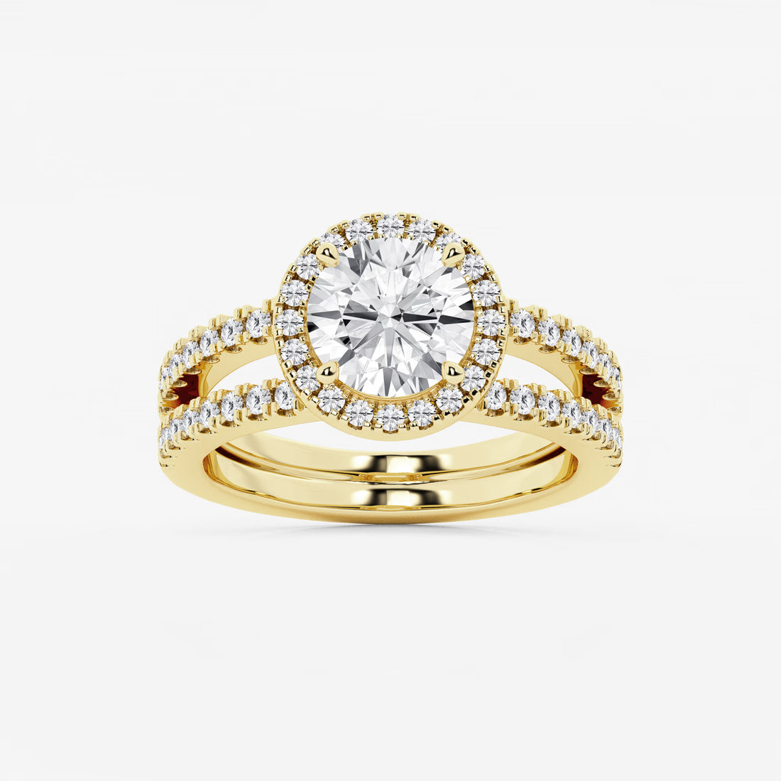 Round Cut Lab Grown Diamond Halo Bridal Set | Micro Pavé Halo Engagement Ring with Twisted Pavé Band & Plain Wedding Band