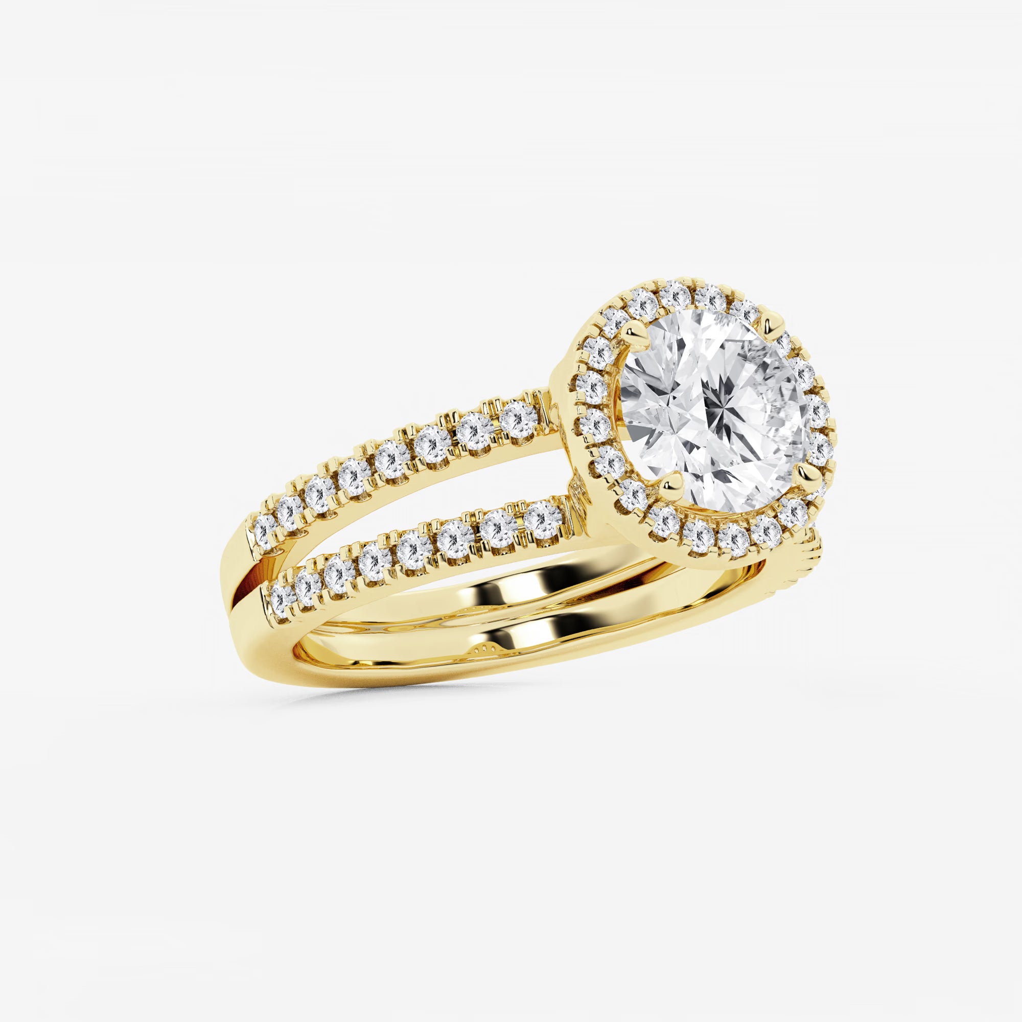 Round Cut Lab Grown Diamond Halo Bridal Set | Micro Pavé Halo Engagement Ring with Twisted Pavé Band & Plain Wedding Band