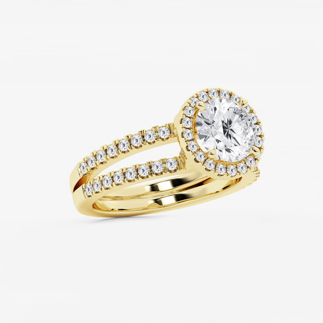 Round Cut Lab Grown Diamond Halo Bridal Set | Micro Pavé Halo Engagement Ring with Twisted Pavé Band & Plain Wedding Band