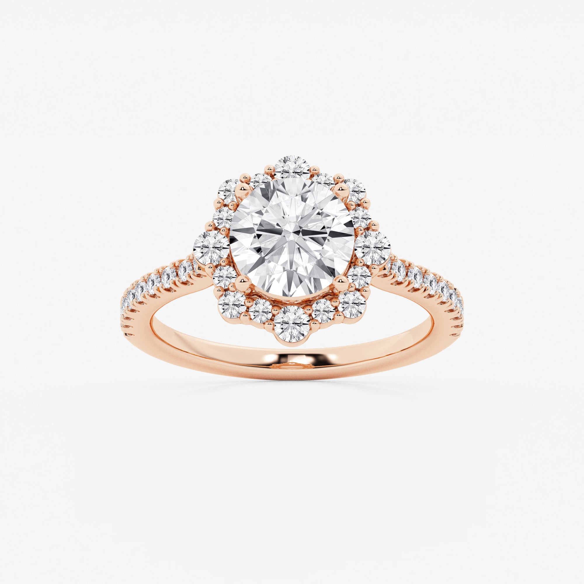 Round Cut Lab Grown Diamond Floral Halo Engagement Ring