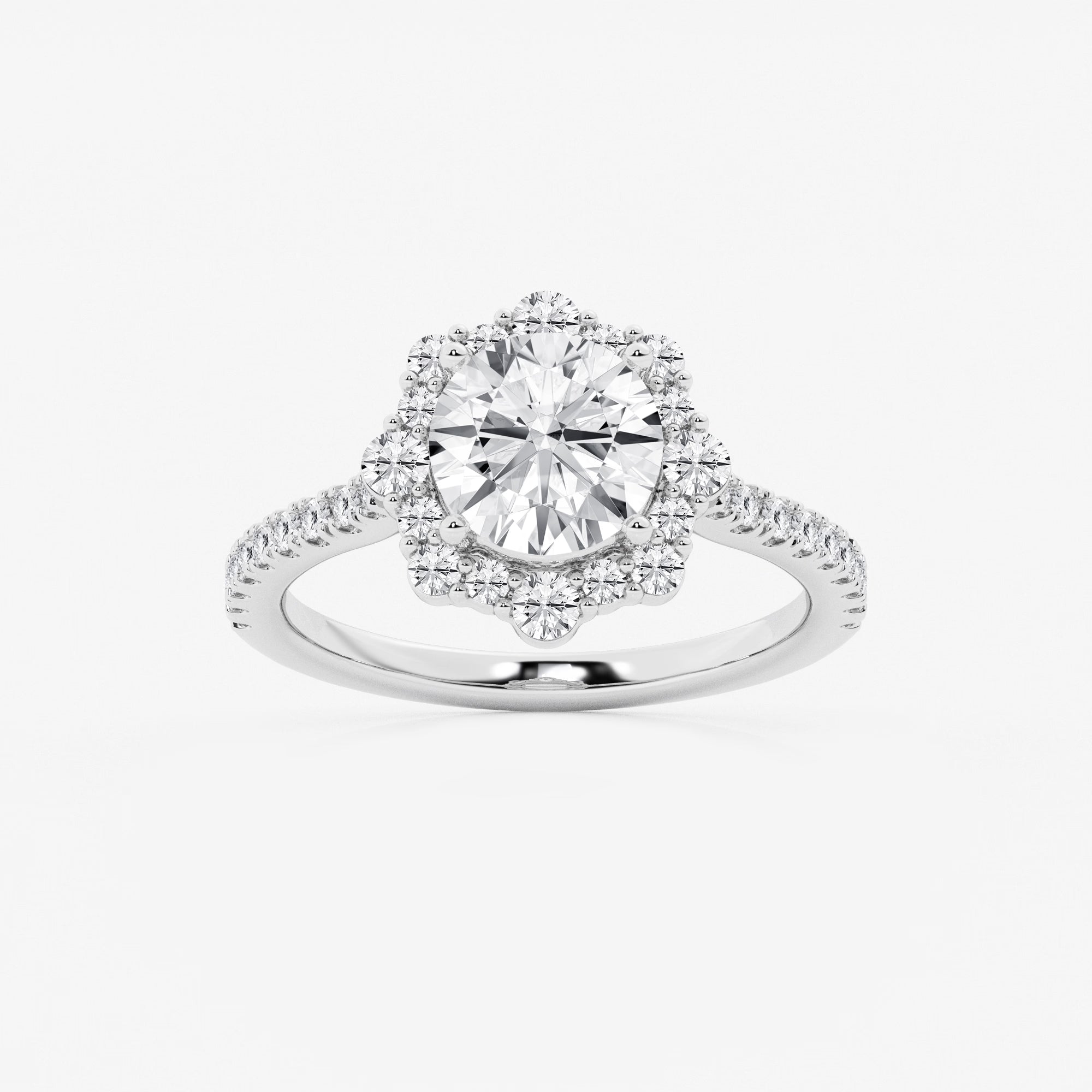 Round Cut Lab Grown Diamond Floral Halo Engagement Ring