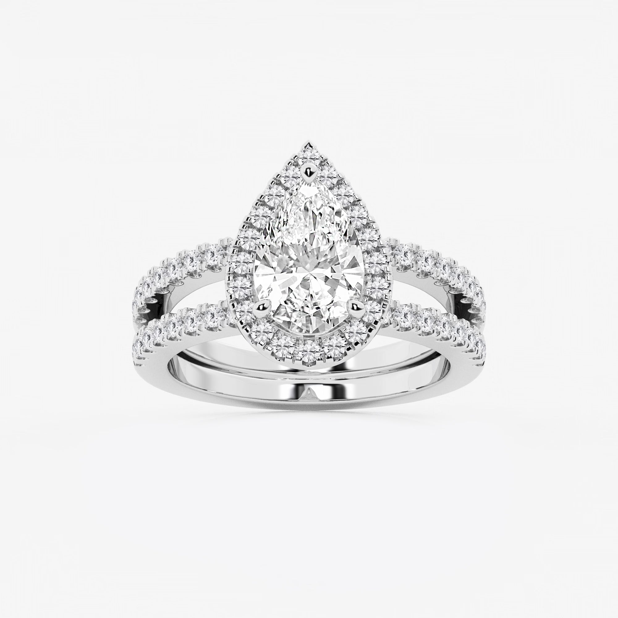 Pear-Cut Diamond Halo Engagement Ring with Split-Shank Pavé Band