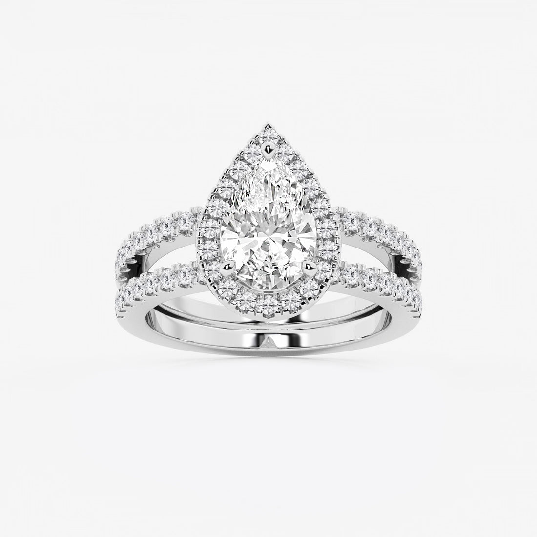 Pear-Cut Diamond Halo Engagement Ring with Split-Shank Pavé Band