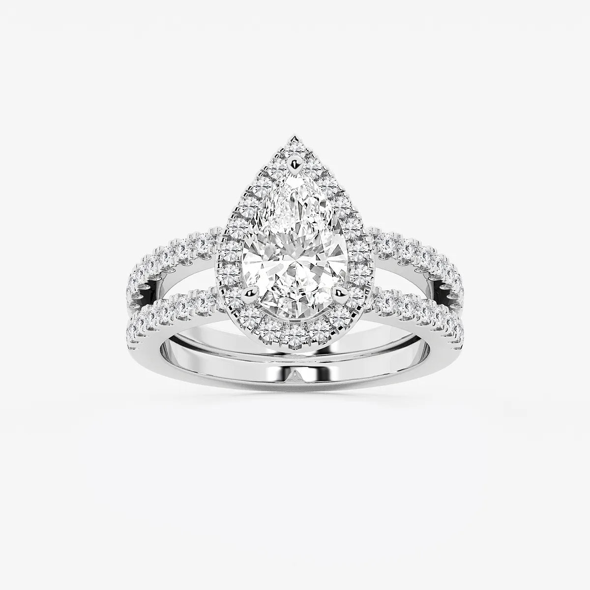Pear-Cut Diamond Halo Engagement Ring with Split-Shank Pavé Band