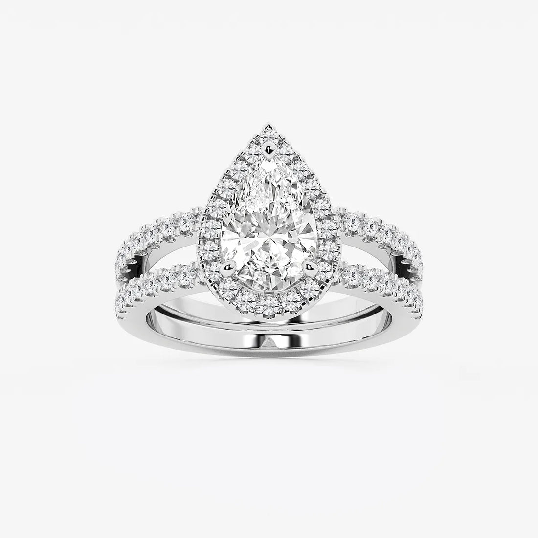 Pear-Cut Diamond Halo Engagement Ring with Split-Shank Pavé Band