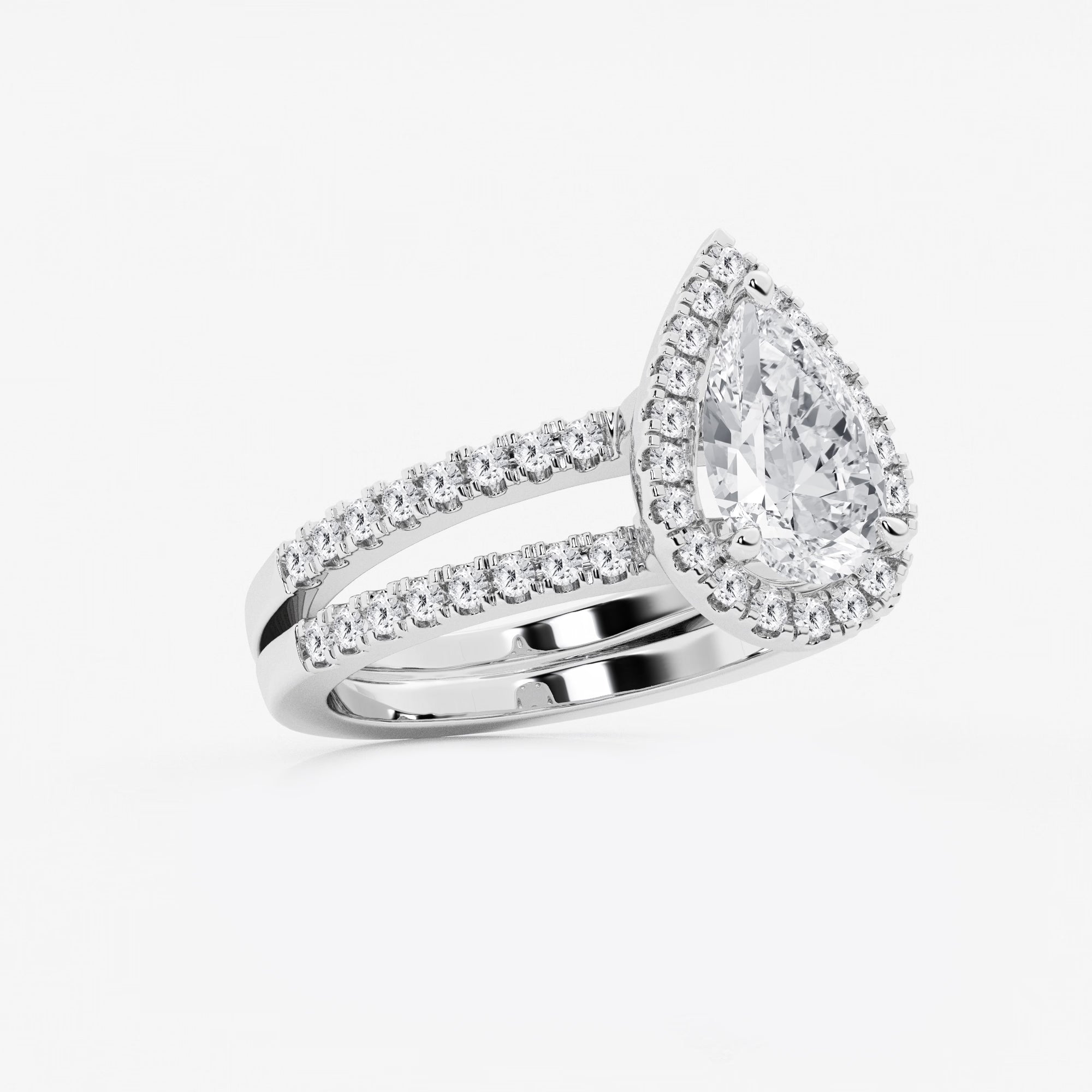 Pear-Cut Diamond Halo Engagement Ring with Split-Shank Pavé Band