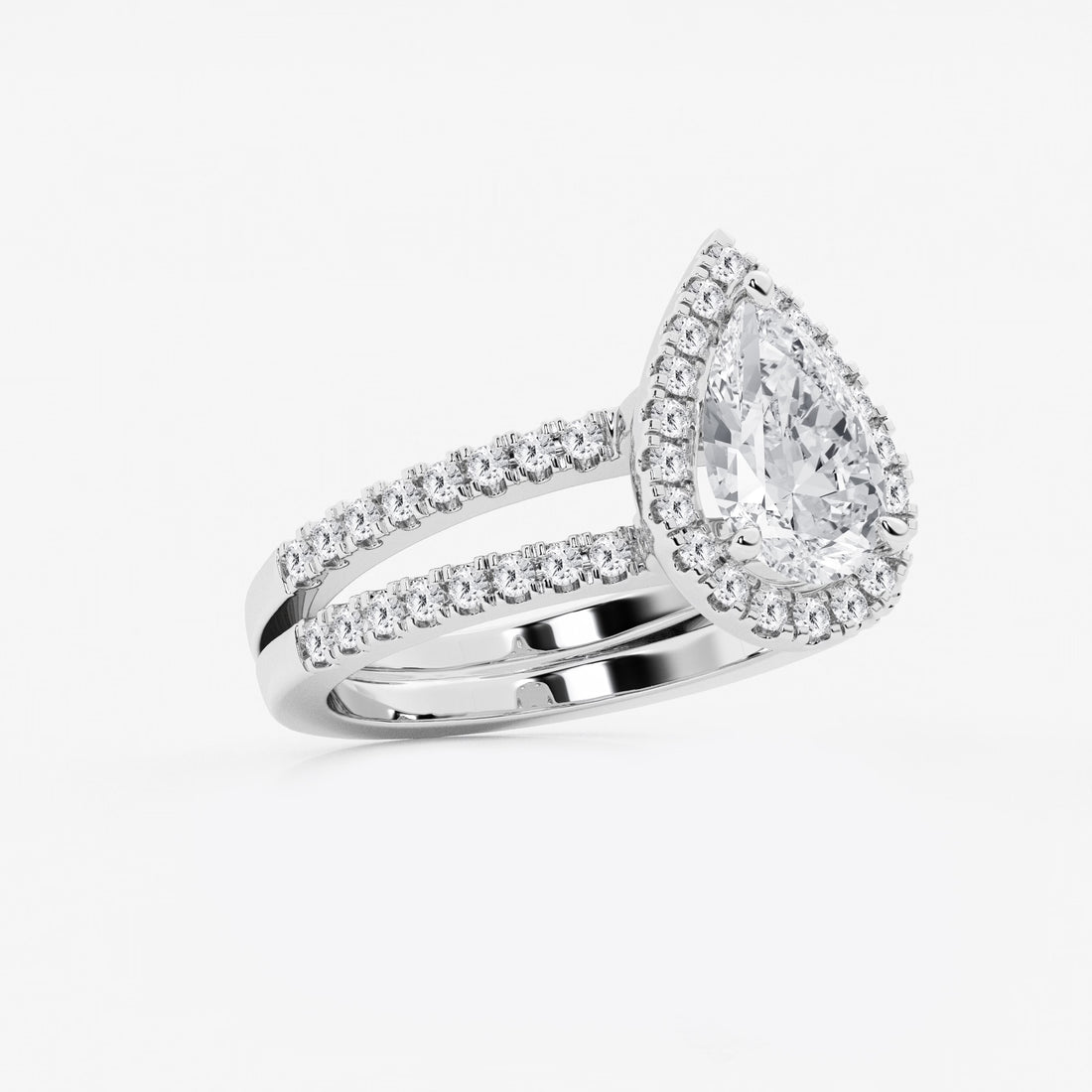 Pear-Cut Diamond Halo Engagement Ring with Split-Shank Pavé Band