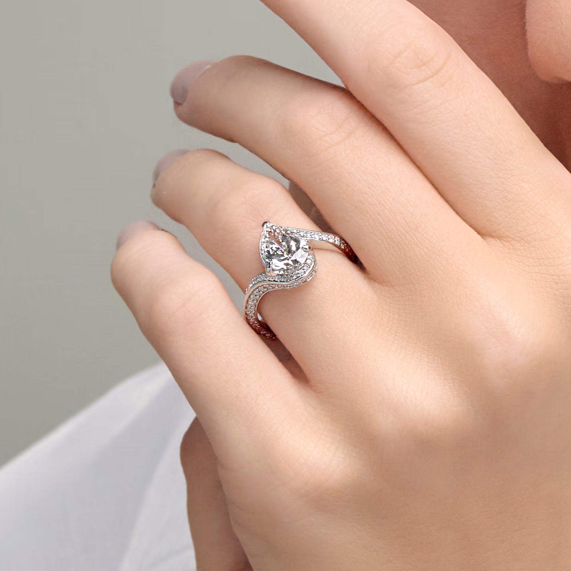 Pear Cut Lab Grown Diamond Engagement Ring  Bypass Wave Pave Diamond Band