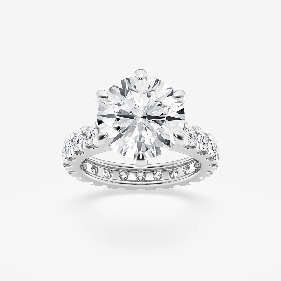 Round Cut Lab Grown Diamond Bridal Set | Six-Prong Solitaire with Shared-Prong Eternity Engagement Ring & Channel Set Round Eternity Wedding Band