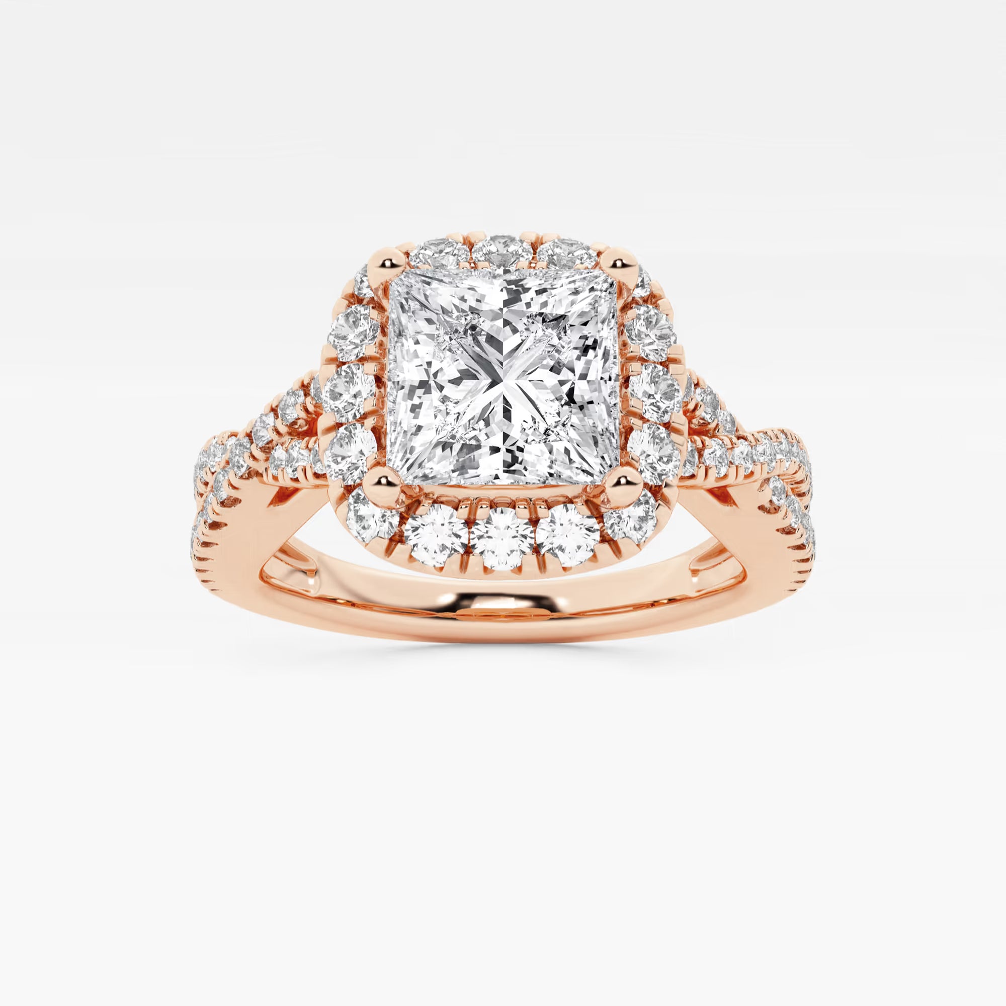 Princess Cut Lab Diamond Halo Engagement Ring | Cushion Halo & Twisted Pavé Band