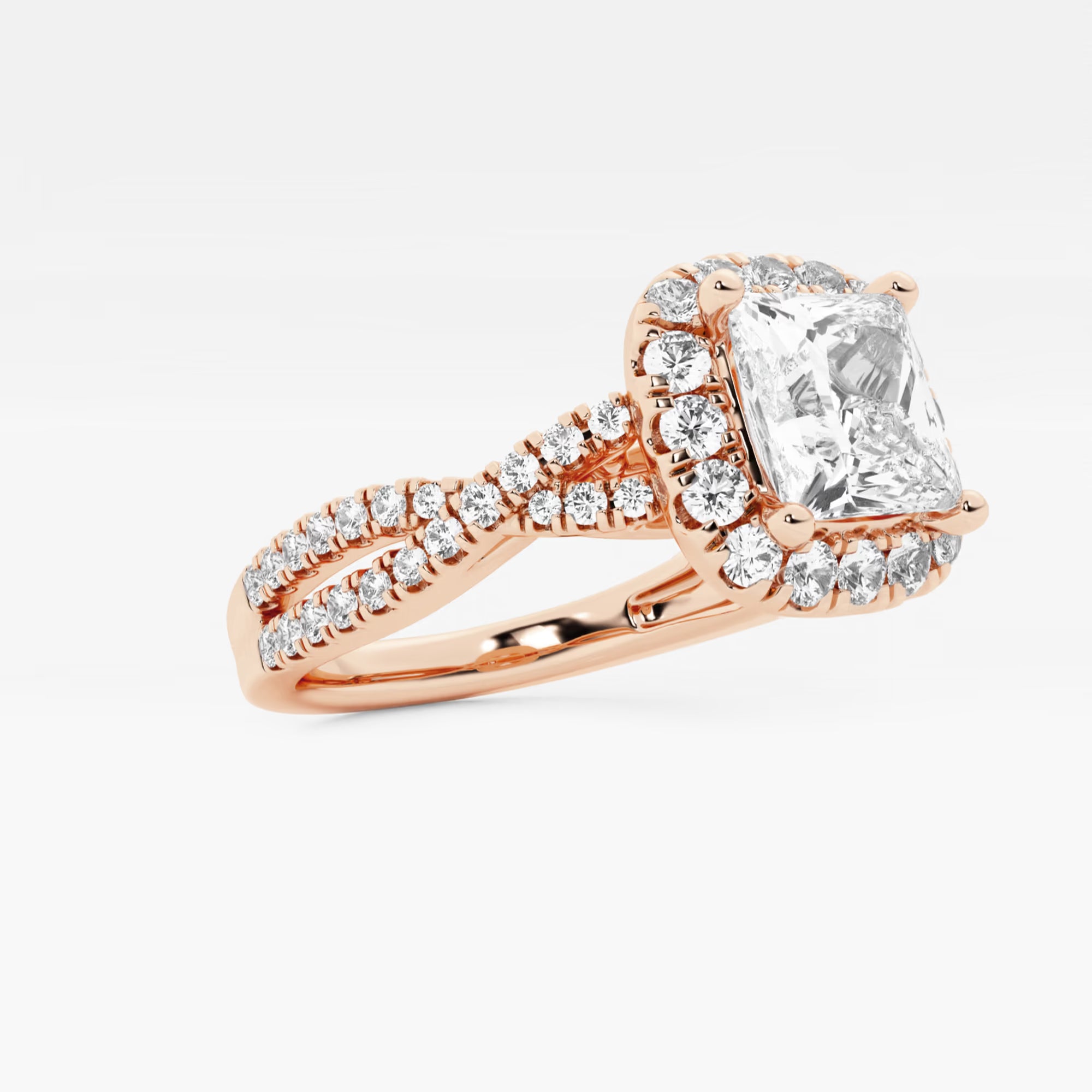 Princess Cut Lab Diamond Halo Engagement Ring | Cushion Halo & Twisted Pavé Band