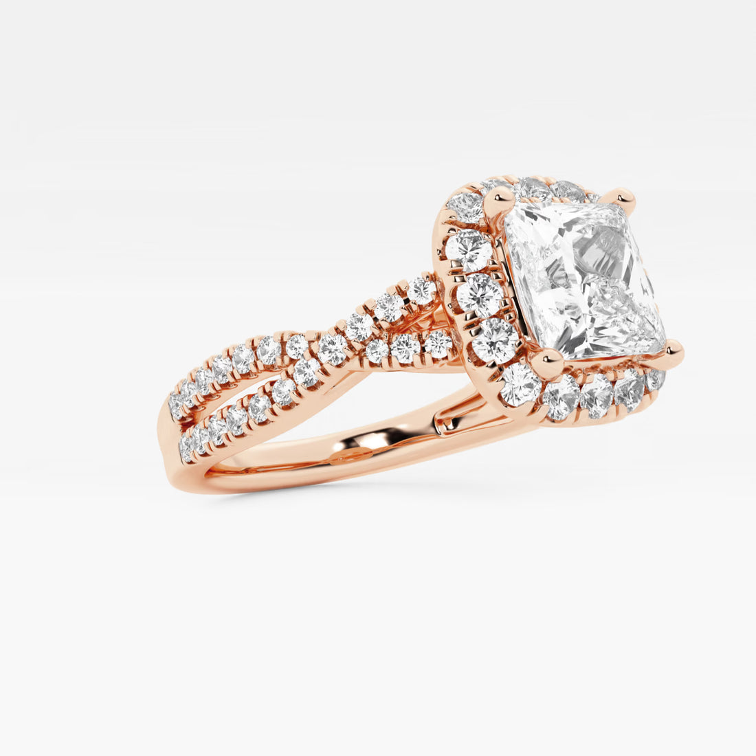 Princess Cut Lab Diamond Halo Engagement Ring | Cushion Halo & Twisted Pavé Band