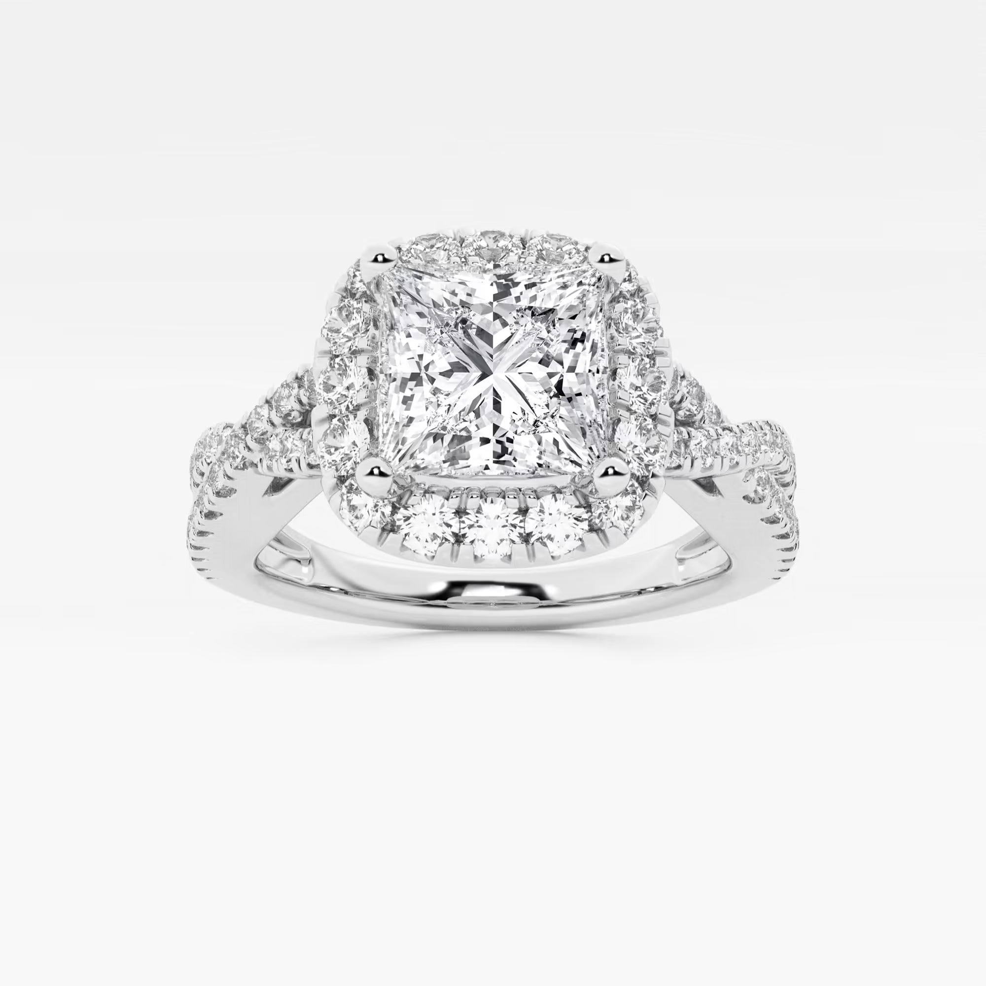 Princess Cut Lab Diamond Halo Engagement Ring | Cushion Halo & Twisted Pavé Band