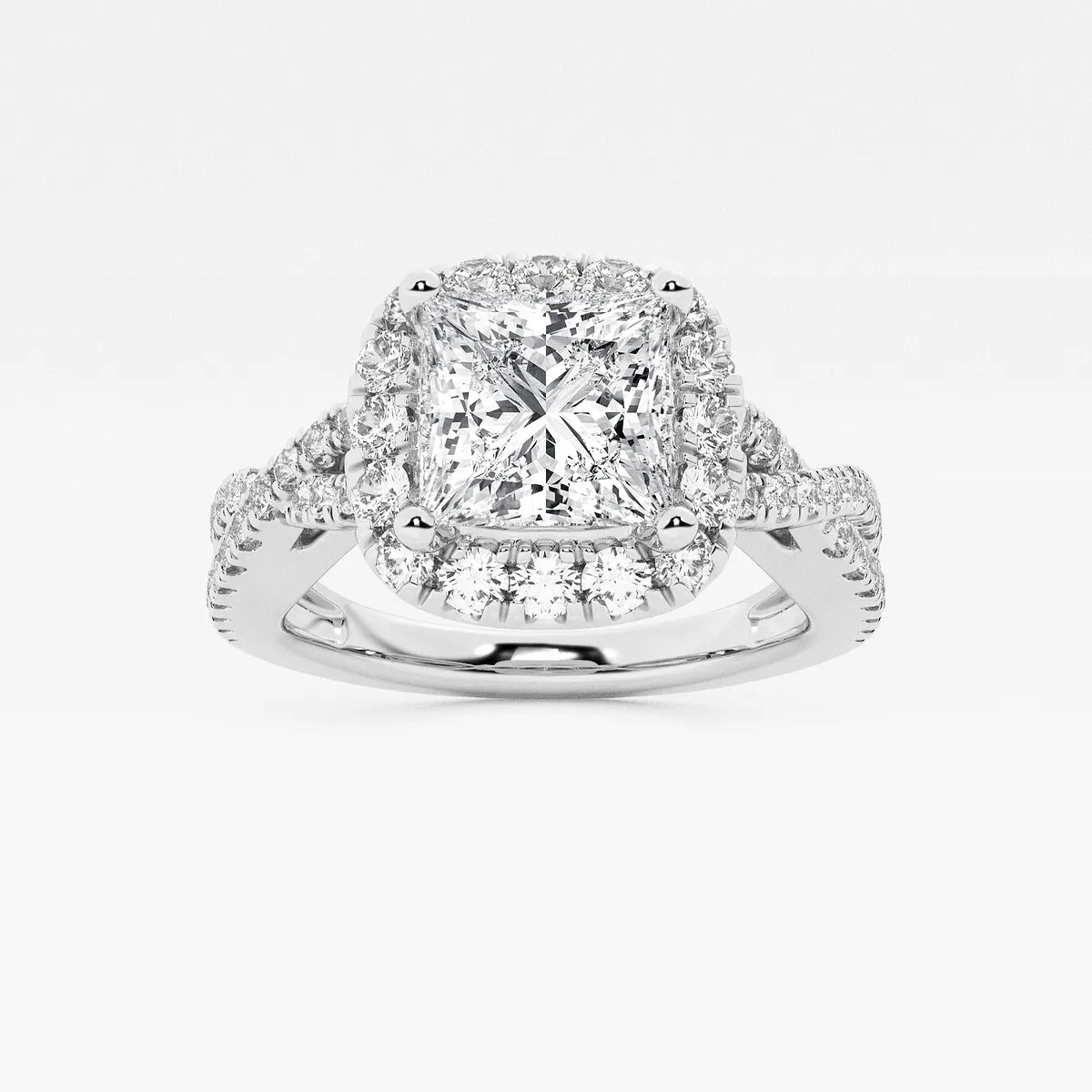 Princess Cut Lab Diamond Halo Engagement Ring | Cushion Halo & Twisted Pavé Band