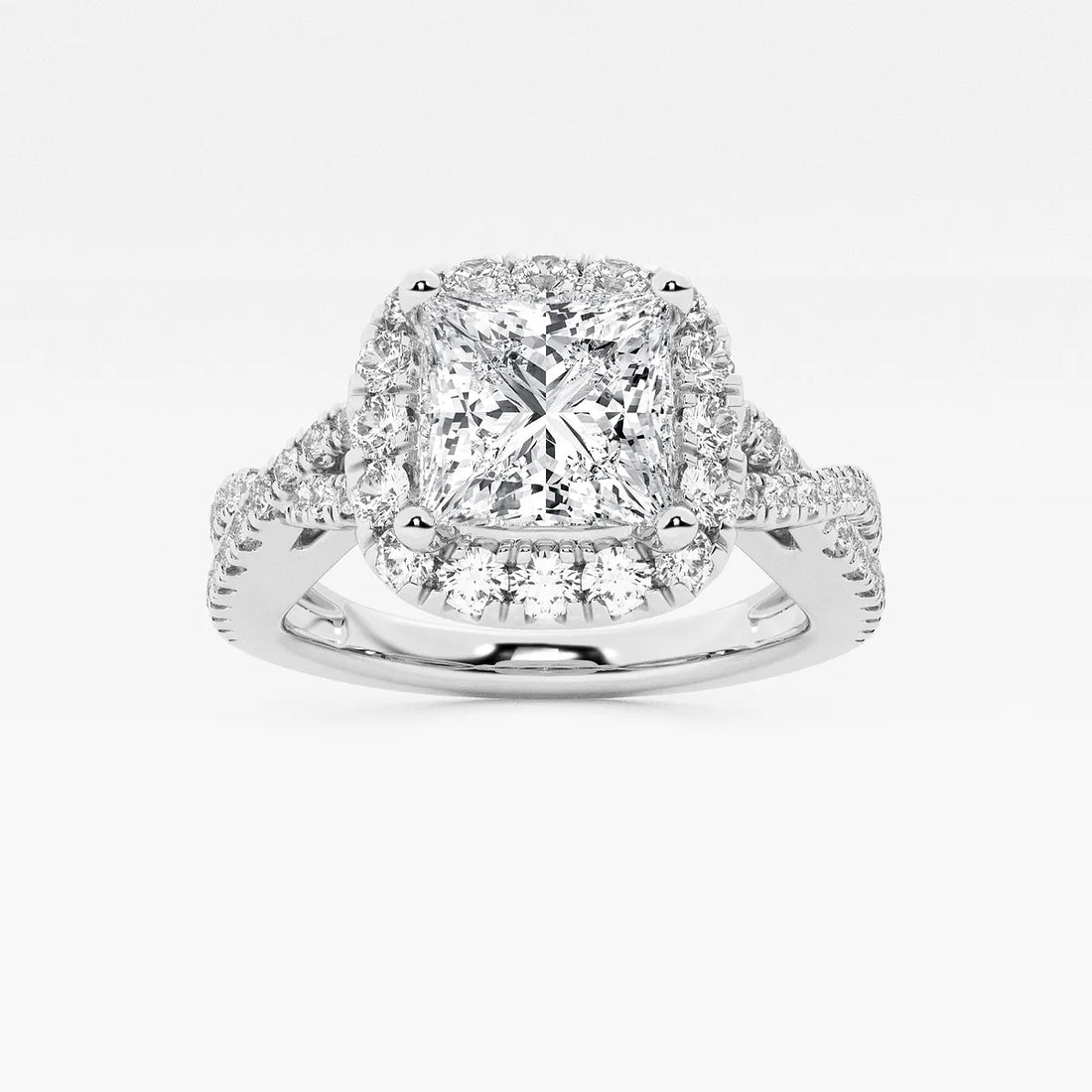 Princess Cut Lab Diamond Halo Engagement Ring | Cushion Halo & Twisted Pavé Band