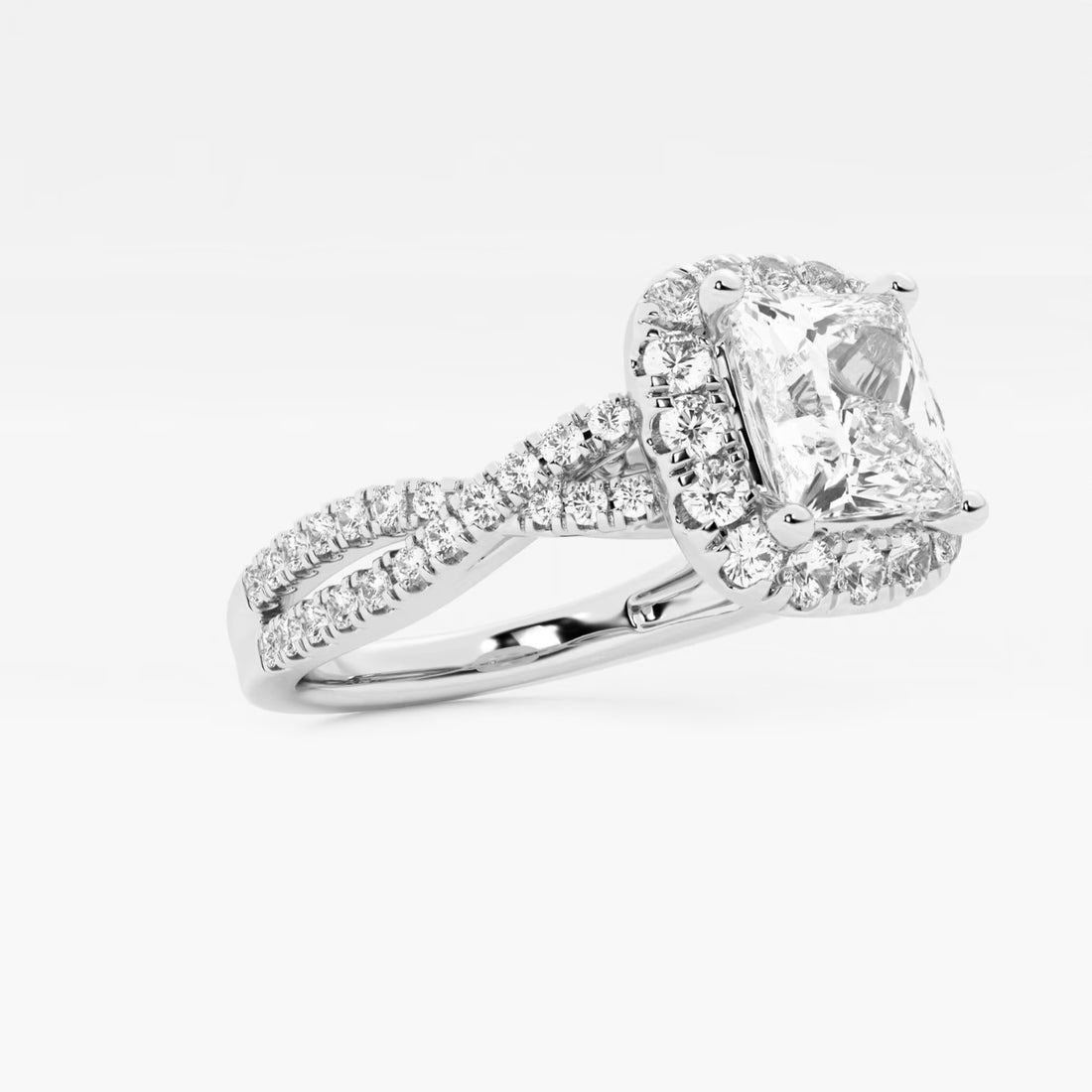 Princess Cut Lab Diamond Halo Engagement Ring | Cushion Halo & Twisted Pavé Band