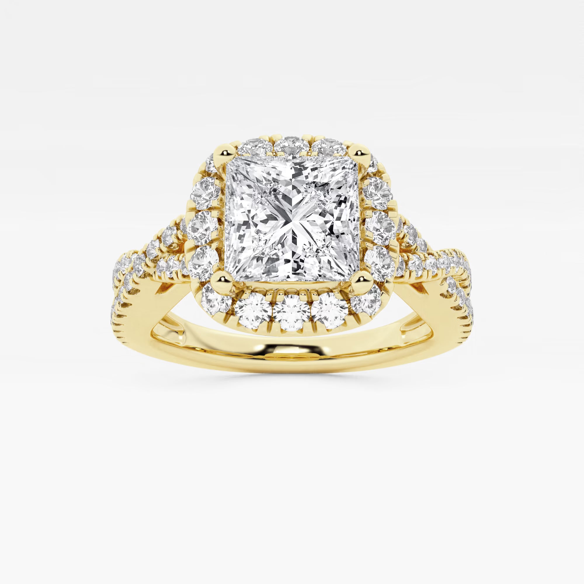 Princess Cut Lab Diamond Halo Engagement Ring | Cushion Halo & Twisted Pavé Band