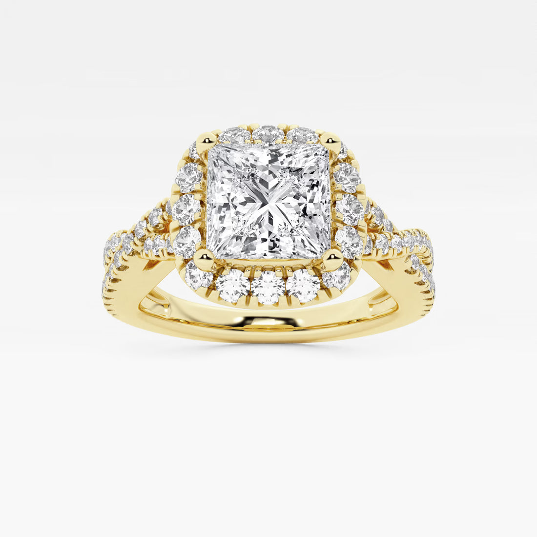 Princess Cut Lab Diamond Halo Engagement Ring | Cushion Halo & Twisted Pavé Band