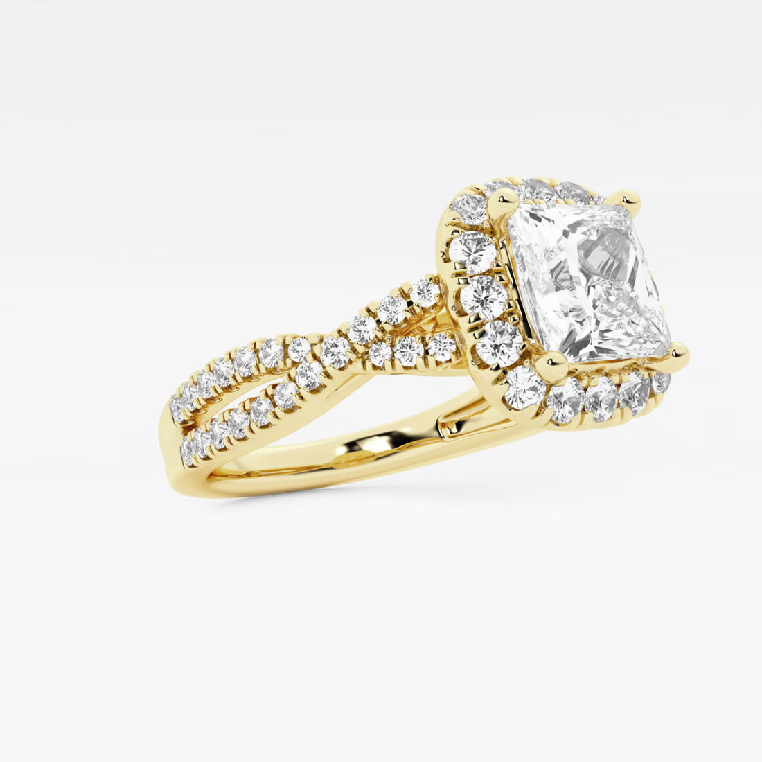 Princess Cut Lab Diamond Halo Engagement Ring | Cushion Halo & Twisted Pavé Band