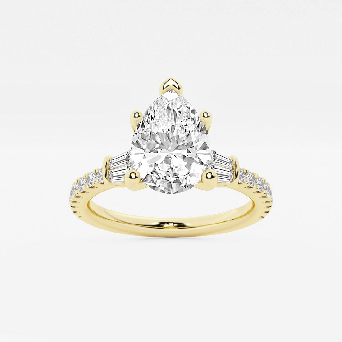 Pear-Cut Diamond Ring with Tapered Baguette and Pavé Accents