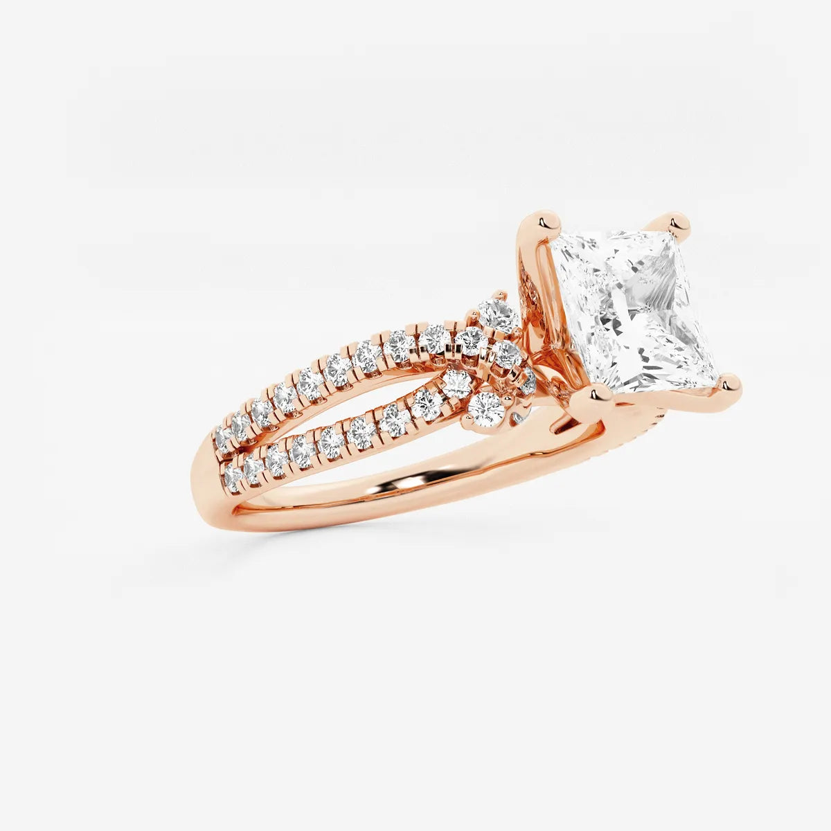 Princess Cut Lab Diamond Engagement Ring  Round Brilliant Side Stones & Twisted Pavé Band