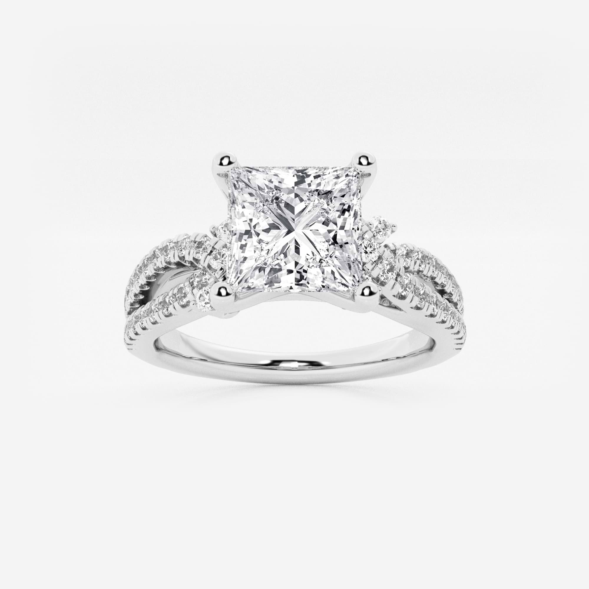 Princess Cut Lab Diamond Engagement Ring  Round Brilliant Side Stones & Twisted Pavé Band