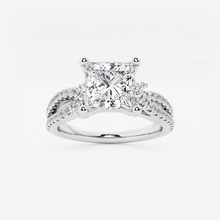 Princess Cut Lab Diamond Engagement Ring  Round Brilliant Side Stones & Twisted Pavé Band