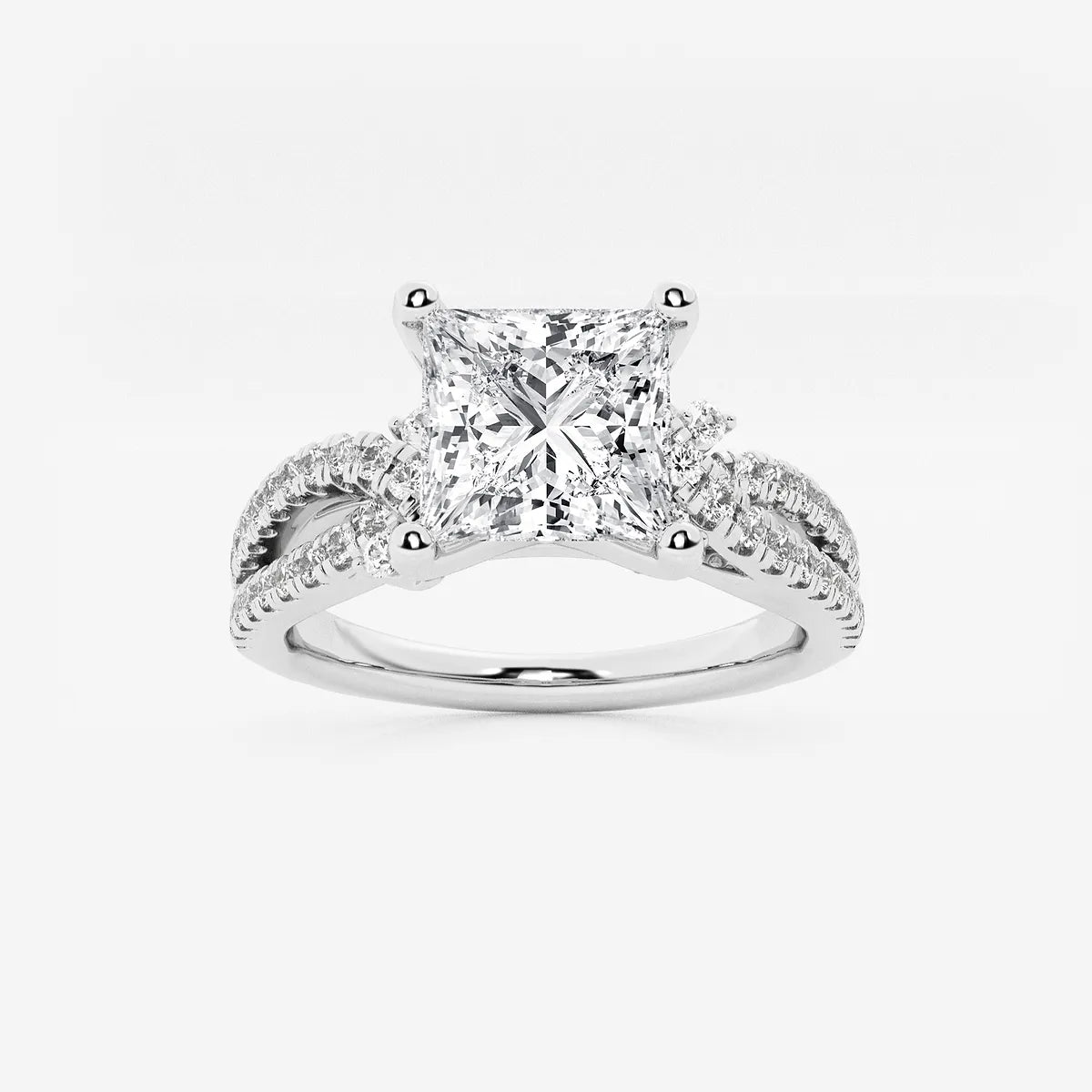 Princess Cut Lab Diamond Engagement Ring  Round Brilliant Side Stones & Twisted Pavé Band