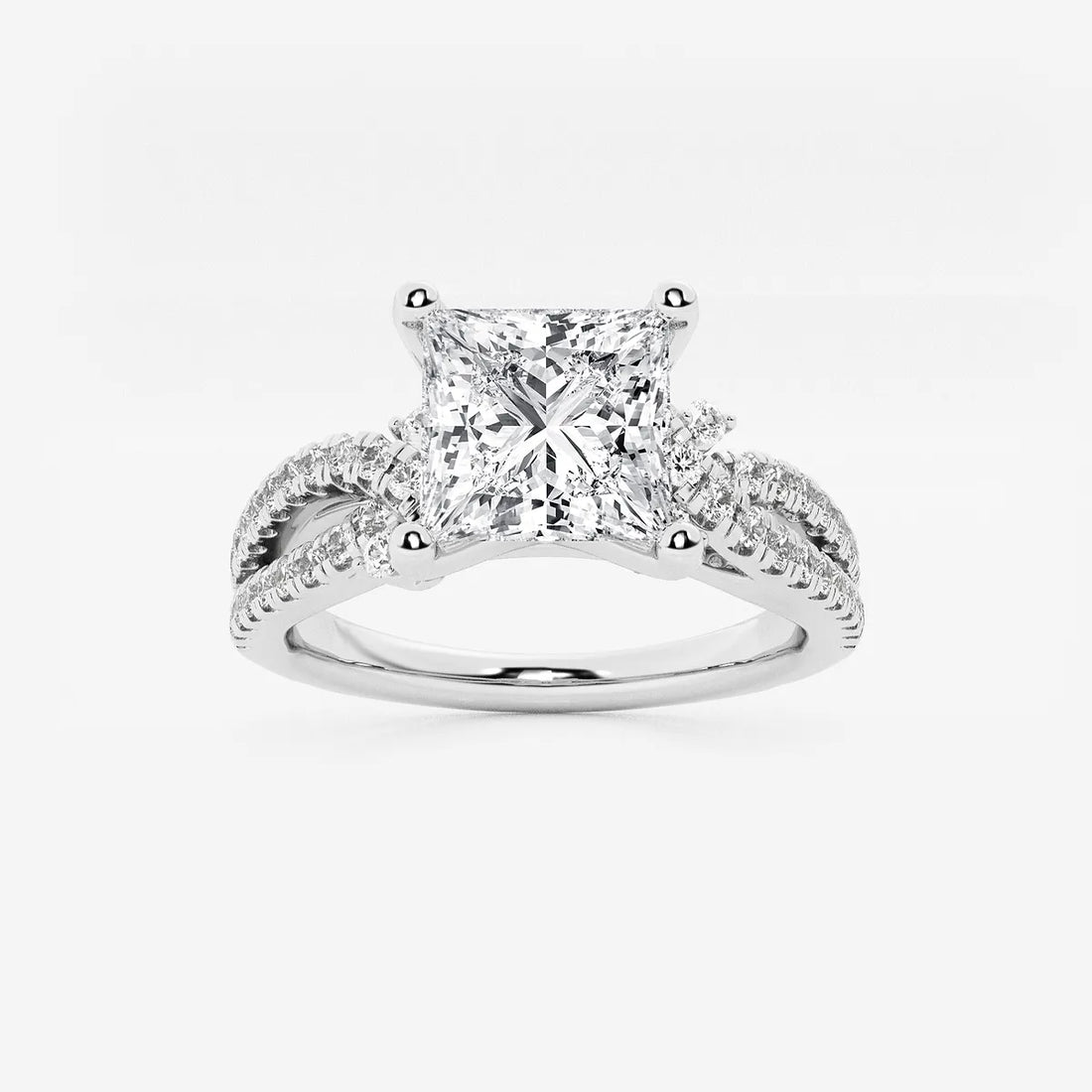 Princess Cut Lab Diamond Engagement Ring  Round Brilliant Side Stones & Twisted Pavé Band