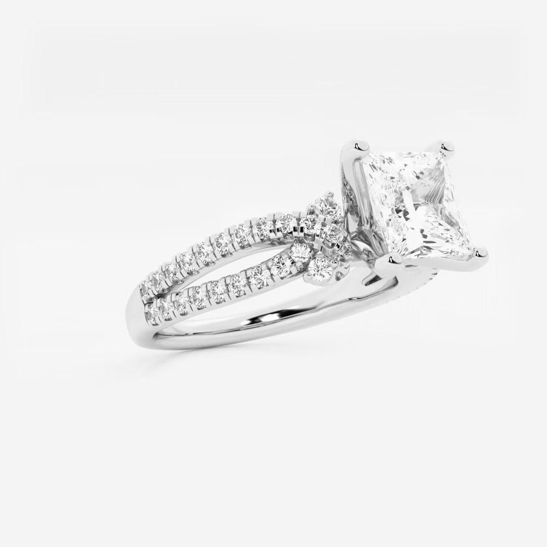 Princess Cut Lab Diamond Engagement Ring  Round Brilliant Side Stones & Twisted Pavé Band