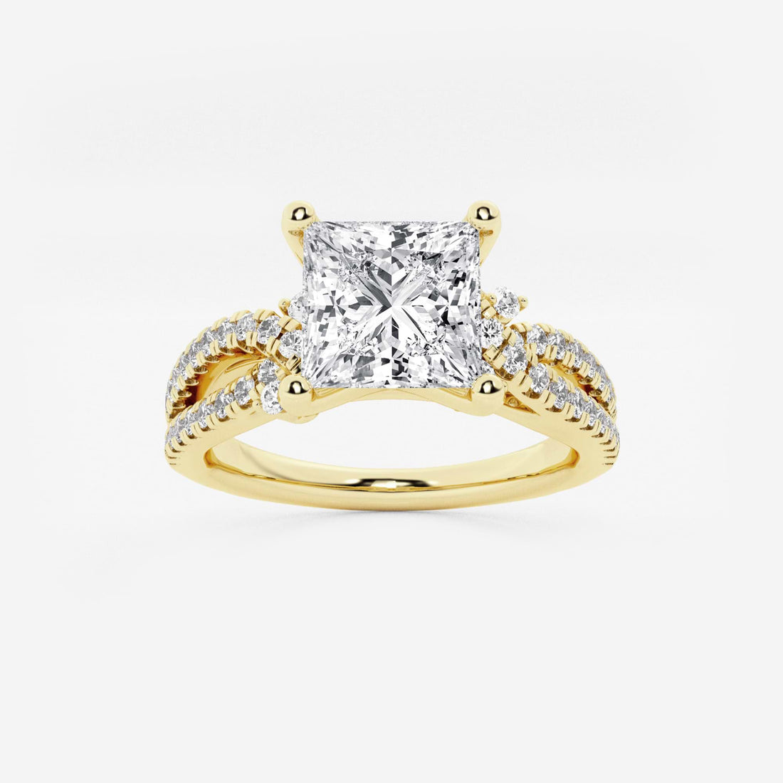Princess Cut Lab Diamond Engagement Ring  Round Brilliant Side Stones & Twisted Pavé Band