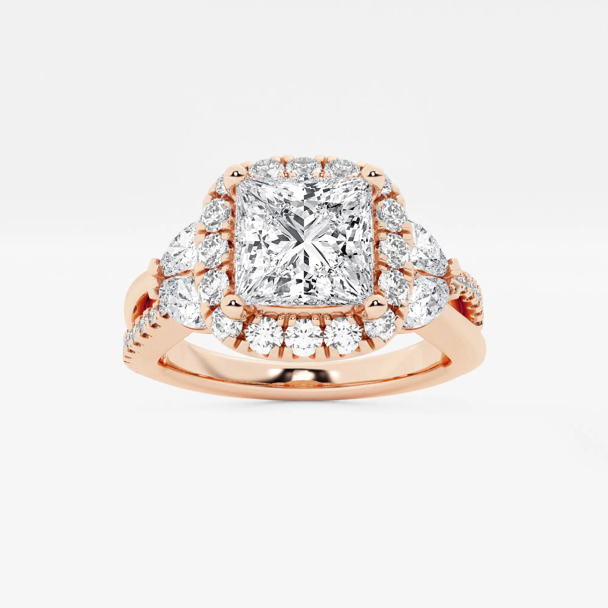 Princess Cut Lab Diamond Halo Ring | Pear & Round Brilliant Cluster Sides & Pavé Band