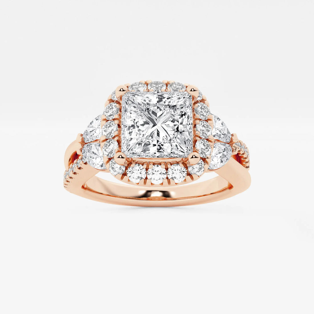 Princess Cut Lab Diamond Halo Ring | Pear & Round Brilliant Cluster Sides & Pavé Band