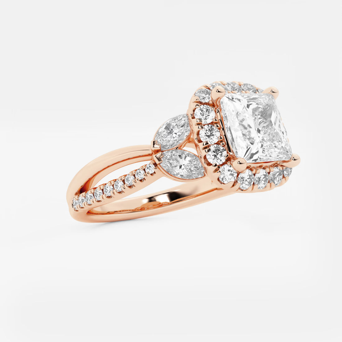 Princess Cut Lab Diamond Halo Ring | Pear & Round Brilliant Cluster Sides & Pavé Band