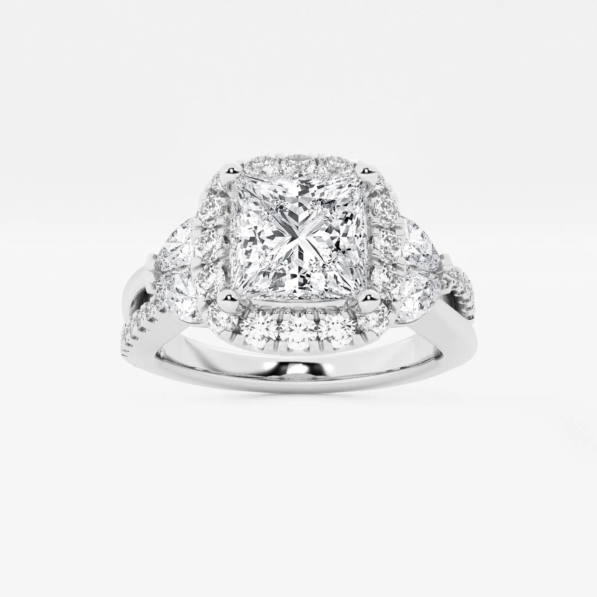 Princess Cut Lab Diamond Halo Ring | Pear & Round Brilliant Cluster Sides & Pavé Band