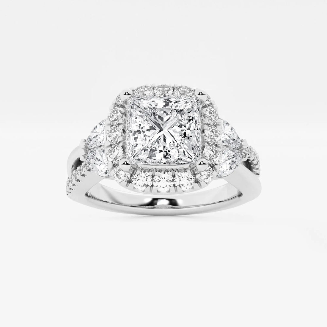 Princess Cut Lab Diamond Halo Ring | Pear & Round Brilliant Cluster Sides & Pavé Band